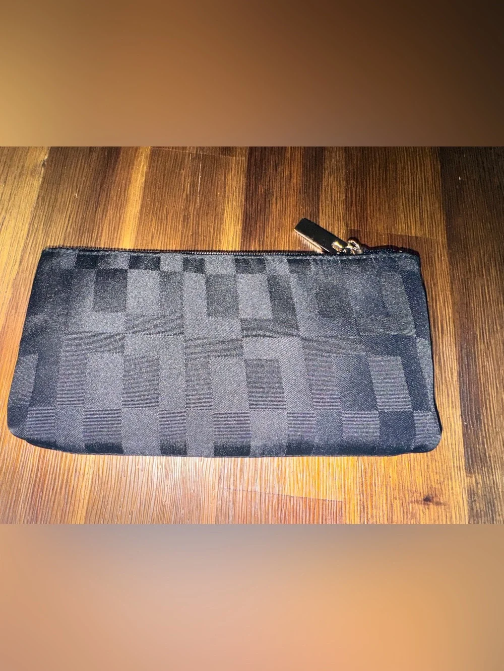 Black Tonal Checkered Fabric Zip Makeup Bag Clutch Organizer - NEW never used
